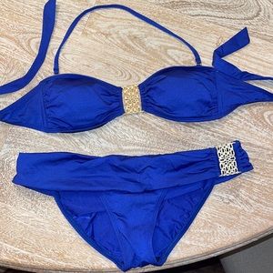 Trina Turk dark blue with gold metal bikini size medium